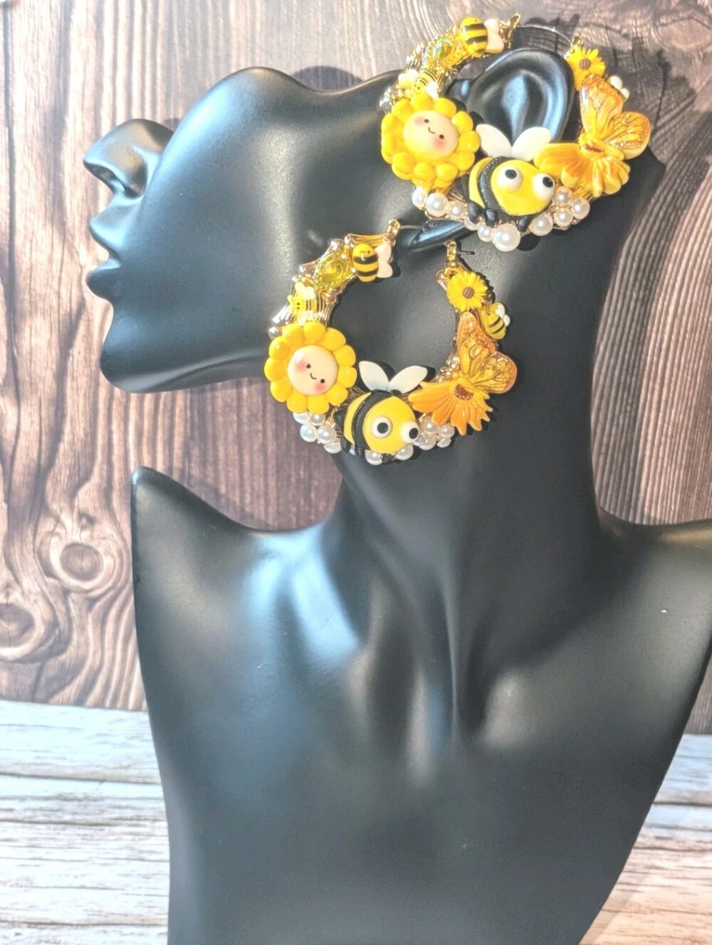 Hand Crafted Yellow Bee & Flower Hoop Statement Earringsfor Women